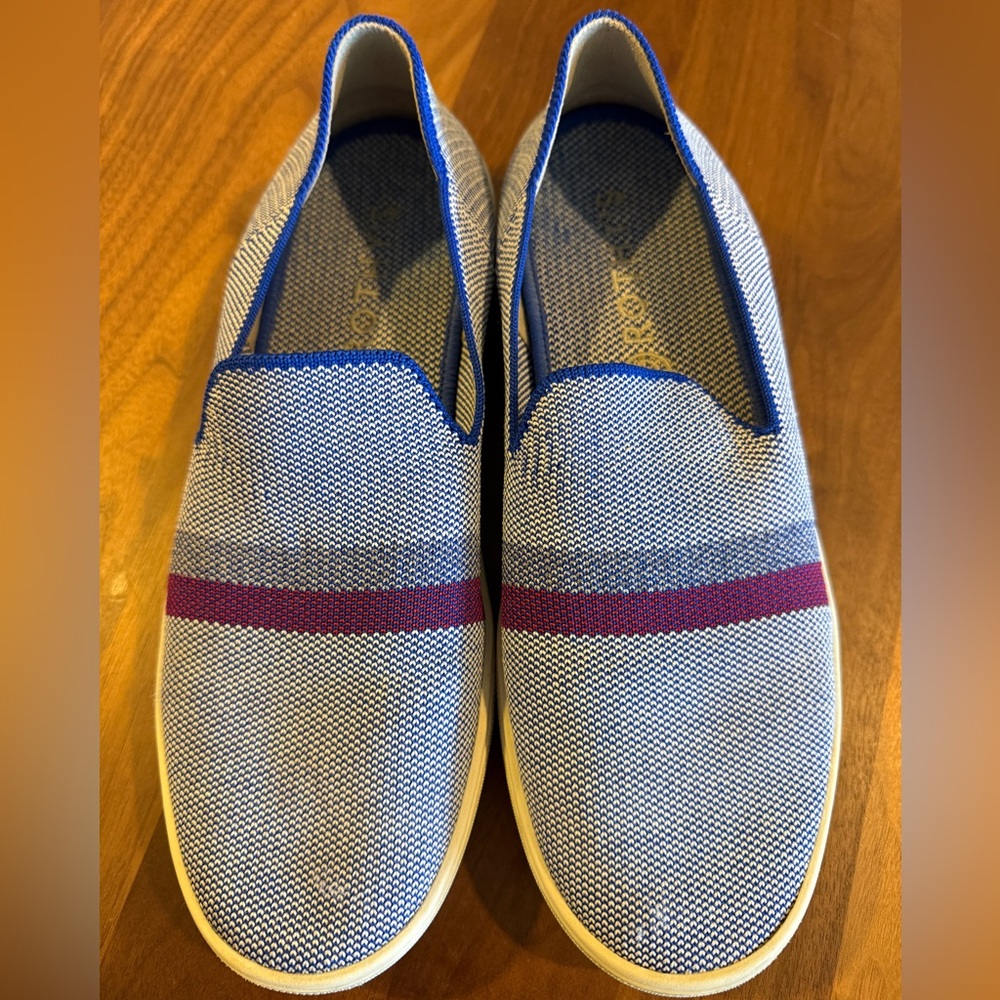 Rothy’s Woman’s Slip-On Knit Sneakers in Blue with Burgundy Stripe